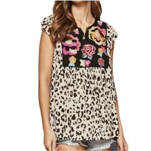 Savanna Jane Leopard Top Womens Size M Floral Embroidered Ruffled Multicolor